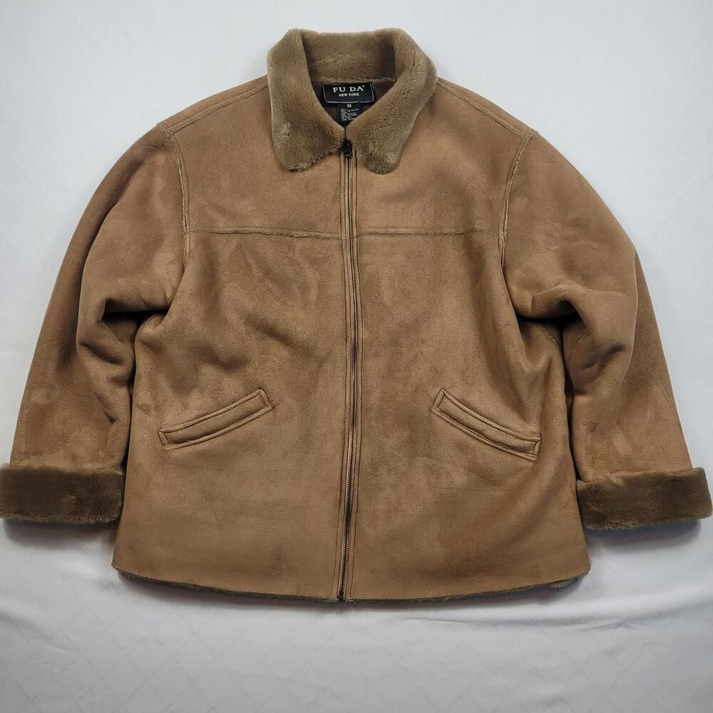Y2K FU DA New York Faux Suede Faux Fur Zip Jacket Coat Men's M Fuzzy Teddy